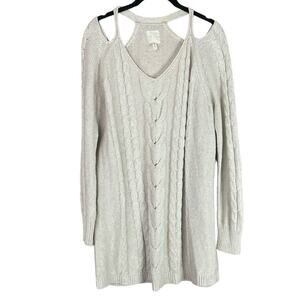 Leith Cable Knit Tunic Sweater Cold Shoulder Oatmeal Tan Size Small